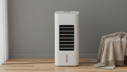 A modern white air cooler stands on a wooden floor next to a gray wall and a bed.