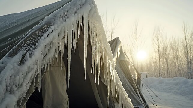 Winter camping adventure featuring snow covered tents and icicles glistening in sunlight, perfect for outdoor recreation and exploration concepts - Powered by Adobe