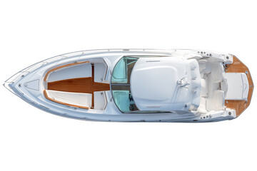 Obraz premium Top down view of a luxury white powerboat with wooden deck, isolated on background