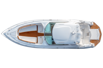 Top down view of a luxury white powerboat with wooden deck, isolated on background