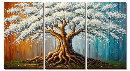 Vibrant triptych painting of a majestic tree with blooming white flowers