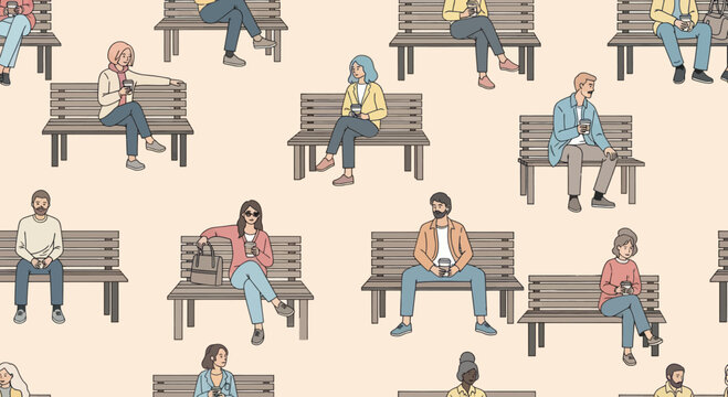 Seamless pattern of diverse people sitting on benches observing social distancing.