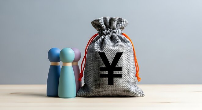 Bag of money with yen symbol and wooden figures on the table