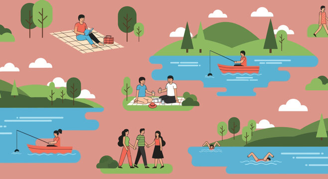 People enjoying various outdoor recreation activities in a vibrant park setting.