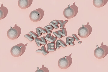  Multiple baubles with Happy New Year text on pink