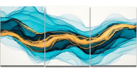 Abstract teal and gold fluid art waves on white background triptych