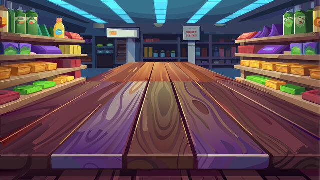 Dark wooden tabletop in sharp focus with a softly blurred grocery store aisle in the background, perfect for product placement, advertising mockups, and commercial presentations