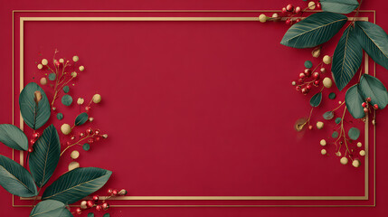 Clean bright red holiday wallpaper with minimalist green and gold accents framing wide center text space 