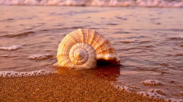 Wide Beach Panorama A pristine, intricate spiral seashell (e.g., conch or nautilus like) partially submerged in wet, golden sand on a tranquil, untouched beach at dawn or dusk. Gentle, foamy ocean wav