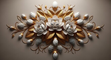 Ornate decorative floral element with gold and white accents