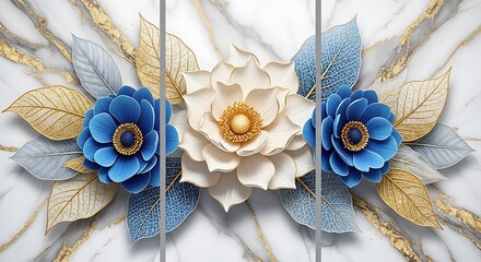 Elegant floral arrangement with blue and white peonies and golden leaves on marble background