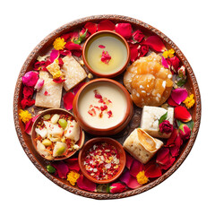Colorful festive indian desserts and savory snacks on a traditional tray, top view