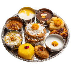 Traditional indian thali with festive sweets, savory dishes, and colorful garnishes