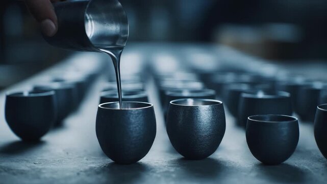 Medium shot capturing the process of pouring liquid pewter into a decor mold highlighting the smooth flow and formation of ornamental pieces.