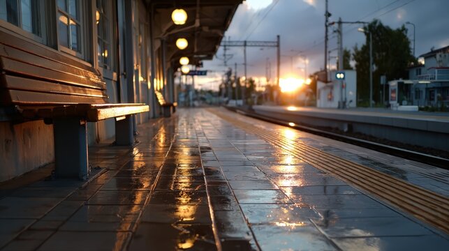A captivating sunset casts a golden hue over a rain-soaked train station platform, reflecting vibrant colors on the polished tiles, evoking feelings of anticipation and nostalgia for travel.