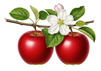Two red apples with green leaves and a white apple blossom on a branch, detailed on a white, shadowless studio background, conveying precise botanical study and natural freshness.