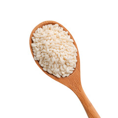 Raw arborio rice grains filling a rustic wooden spoon on a white background