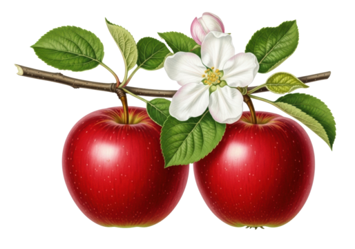 Two red apples with green leaves and a white apple blossom on a branch, detailed on a white, shadowless studio background, conveying precise botanical study and natural freshness.