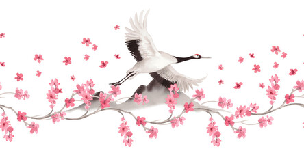 Obraz premium Seamless border of flyind japanese crane with the mountains and sakura on background. Watercolor handmade illustration. For fabric, wallpaper, greeting cards, design, decoration and illustration.