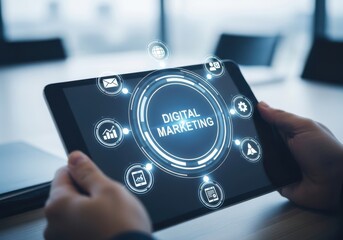 Person holding tablet displaying digital marketing strategy icons