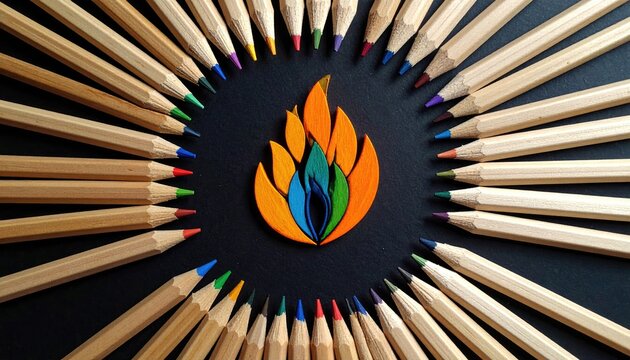 Colored pencils arranged in a circle around a flame symbol on a black background