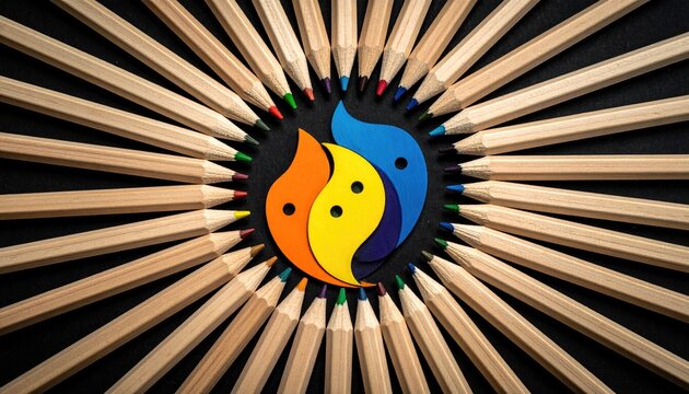 Circle of unsharpened pencils frame colorful abstract bird-like shapes on black background, radiating outwards