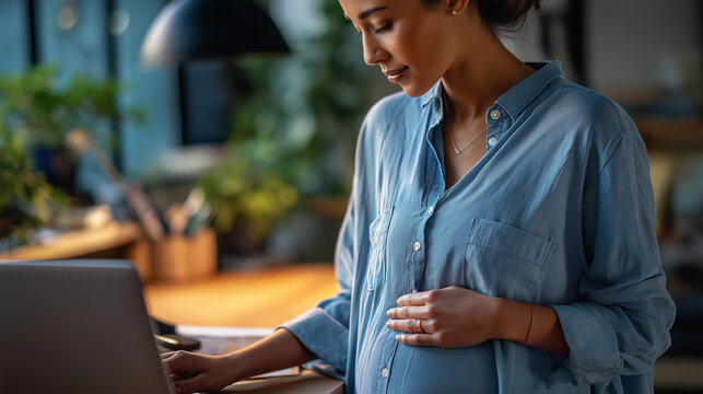 Expectant individual remote working from residence faceless pregnant woman defocused home background professional activity scene prenatal employment moment work life balance