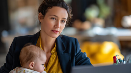 Business professional with infant working at residence faceless woman baby defocused home background remote employment scene childcare integration moment work life balance