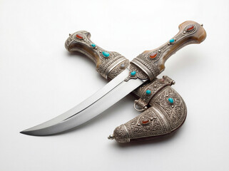 Traditional Omani khanjar dagger displayed on a clean white background with soft natural shadows. ornate metalwork and symbolic heritage with elegant clarity.