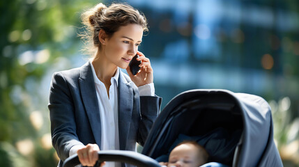 Business individual talking on device and pushing infant stroller faceless woman baby defocused outdoor background multitasking parent scene mobile work moment with copy space