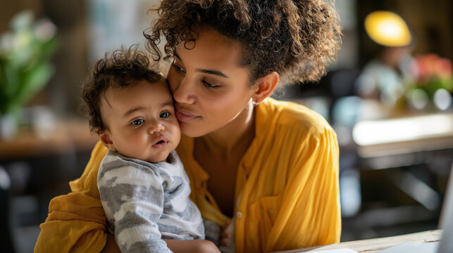 Young individual with textured hair and infant sitting at surface with laptop faceless woman baby defocused background remote work scene family technology moment with copy