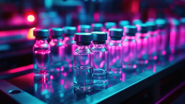 Video A collection of glass vials containing various chemicals, arranged on a clean laboratory table with a sterile environment