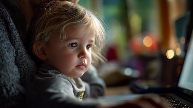 Individual works at residence on laptop with youngster faceless woman child defocused home background parent remote employment lifestyle scene domestic work moment with copy