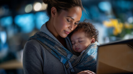 Young parent working from residence on laptop with sleeping infant in carrier faceless mother baby defocused background wearable childcare scene mobile work solution moment
