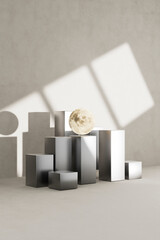 3D render of moon sphere on white minimalist pedestals with long shadows