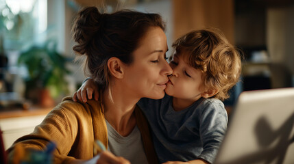 Fototapeta premium Parent typing on laptop with youngster in living area and affection youngster care faceless mother child defocused background drawing at table business email