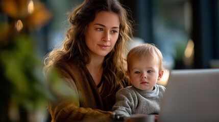 Parent with youngster working from residence during isolation faceless mother child defocused home background stay at residence work concept pandemic adaptation scene with