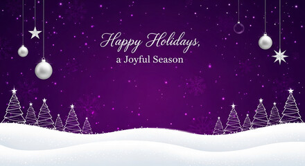 Festive winter scene with purple background, snow, and stylized trees, featuring ornaments and snowflakes, symbolizing holiday cheer and celebration