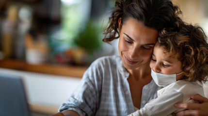 Parent with youngster working from residence during isolation faceless mother child defocused home background stay at residence work concept pandemic adaptation scene with