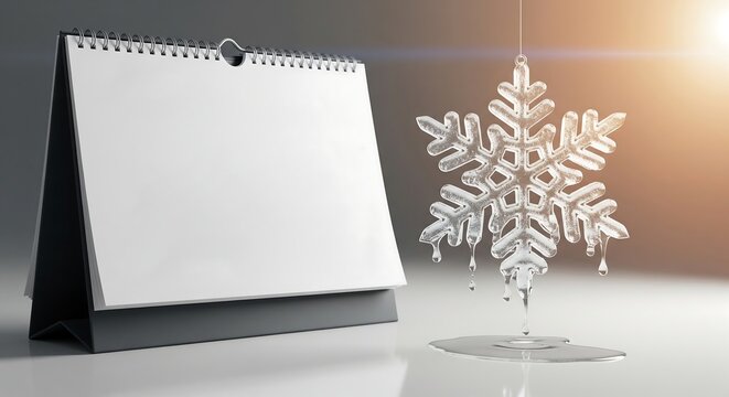 Stay organized with a blank modern calendar featuring a captivating ice snowflake ornament, perfect for winter promotions and festive reminders