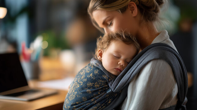 Young parent working from residence on laptop with sleeping infant in carrier faceless mother baby defocused background wearable childcare scene mobile work solution moment