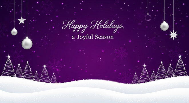 Festive winter scene with purple background, snow, and stylized trees, featuring ornaments and snowflakes, symbolizing holiday cheer and celebration - Powered by Adobe
