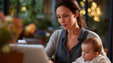 Parent caring for infant while working from residence faceless young mother baby defocused home background work ethic scene childcare employment balance multitasking