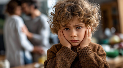 Frustrated sad youngster looking for attention from busy working parents faceless child adults defocused background emotional scene neglect moment family dynamics