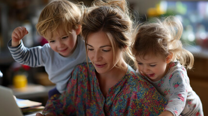 Parent working on laptop while energetic youngsters play atop faceless mother children defocused home background chaotic work scene family dynamics moment playful