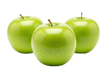 Three fresh ripe Granny Smith apples, vibrant green skin, dry brown stem, on a sterile transparent background, soft lighting, copy space. Concept of healthy natural produce