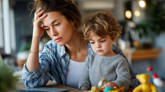 Multitasking parent working from residence concept defocused table background computer and youngster toys scene work life balance visualization domestic chaos moment with