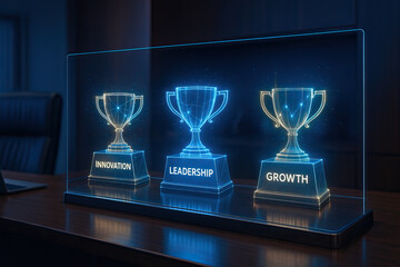Hologram trophy innovation leadership growth award business success corporate strategy motivation shine on modern office desk with blue neon light futuristic display inspiring professional mood