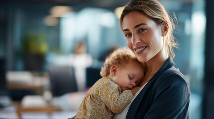 Pretty young professional stands at work desk holding sleeping youngster faceless businesswoman son defocused office background multitasking happiness scene dual
