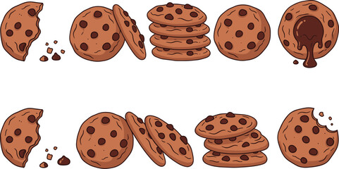 Cartoon Chocolate Chip Cookie Vector Set Featuring Stacked, Bitten, and Gooey Melted Chocolate Centers for Baking, Snack, and Dessert Illustration.